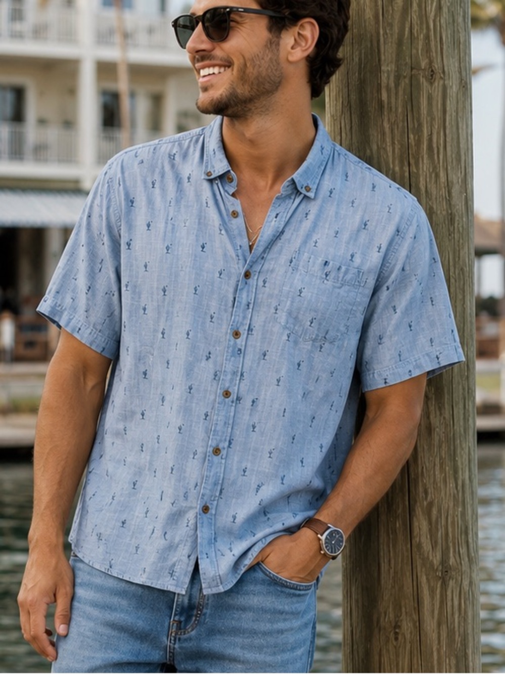 prAna Cactus Print Button Down Shirt Men’s XL Blue Short Sleeve Lightweight